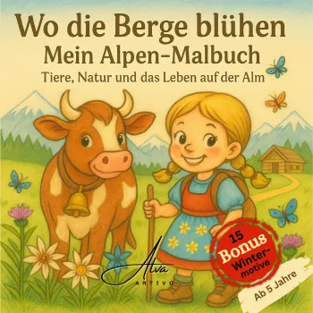 Wo die Berge blühen – Alpen-Malbuch ab 5 Jahren mit kurzen Begleittexten | Tiere, Natur und das Leben auf der Alm: 