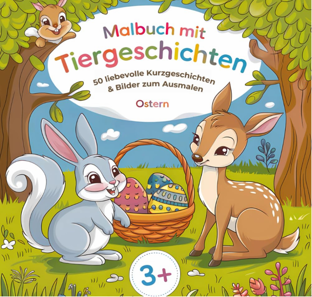 Oster Malbuch mit Tiergeschichten – 50 liebevolle Kurzgeschichten & Bilder zum Ausmalen für Ostern.