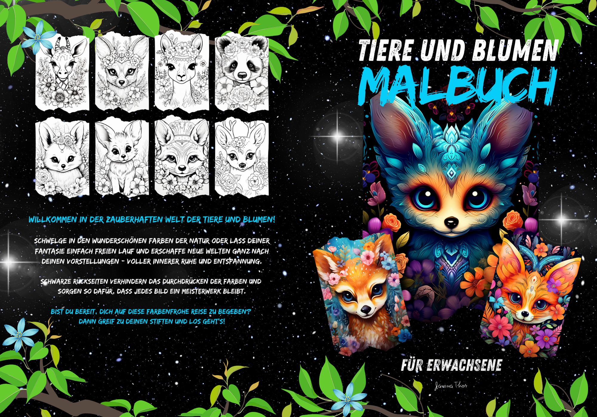 Tiere und Blumen Malbuch für Erwachsene